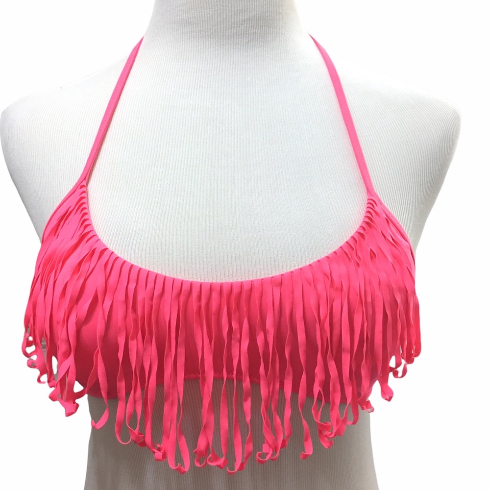 Victoria's Secret Neon Pink Fringe Halter Neck Push-up Swim Bikini Top